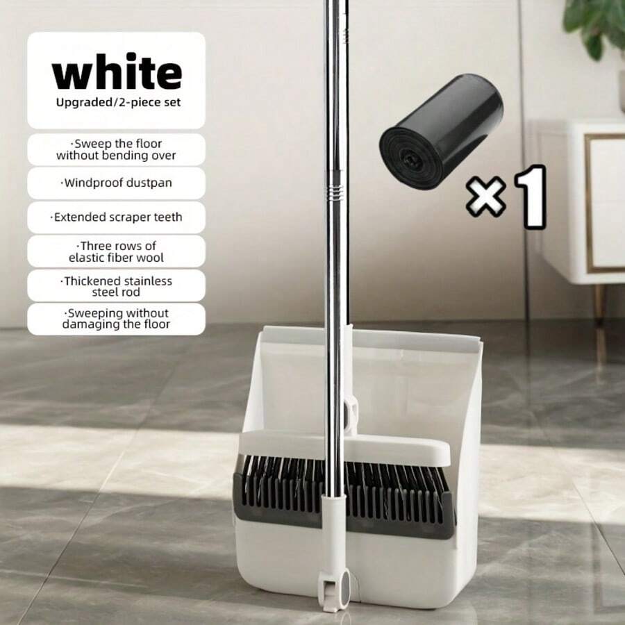 2/3-In-1 Broom And Dustpan (3-In-1 Include Floor Brush) Combo Set-With Garbage Bags - Long Handle Brush With Upright Stand For Home, Office, School Accessory For Kitchen, Dorms, Bathroom- Cleaning Tool Kit - 2-1白色 - 查看 1