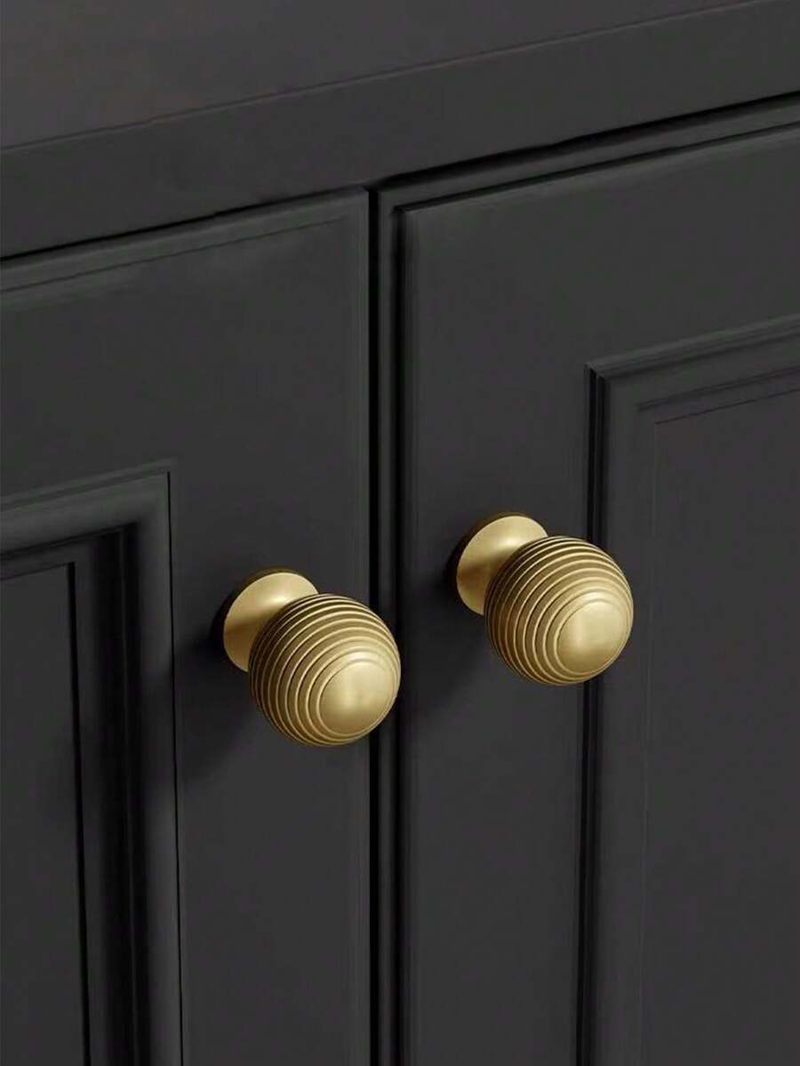 5pcs Luxury French Style Solid Copper Striped Single Hole Pull Handle, Suitable For Wardrobe, Drawer, Cabinet, Bedside Table, Shoe Cabinet, Dining Cabinet, Copper Material, Italian Luxury Round Ball Design Handle, Screws Included - Gold - View 1