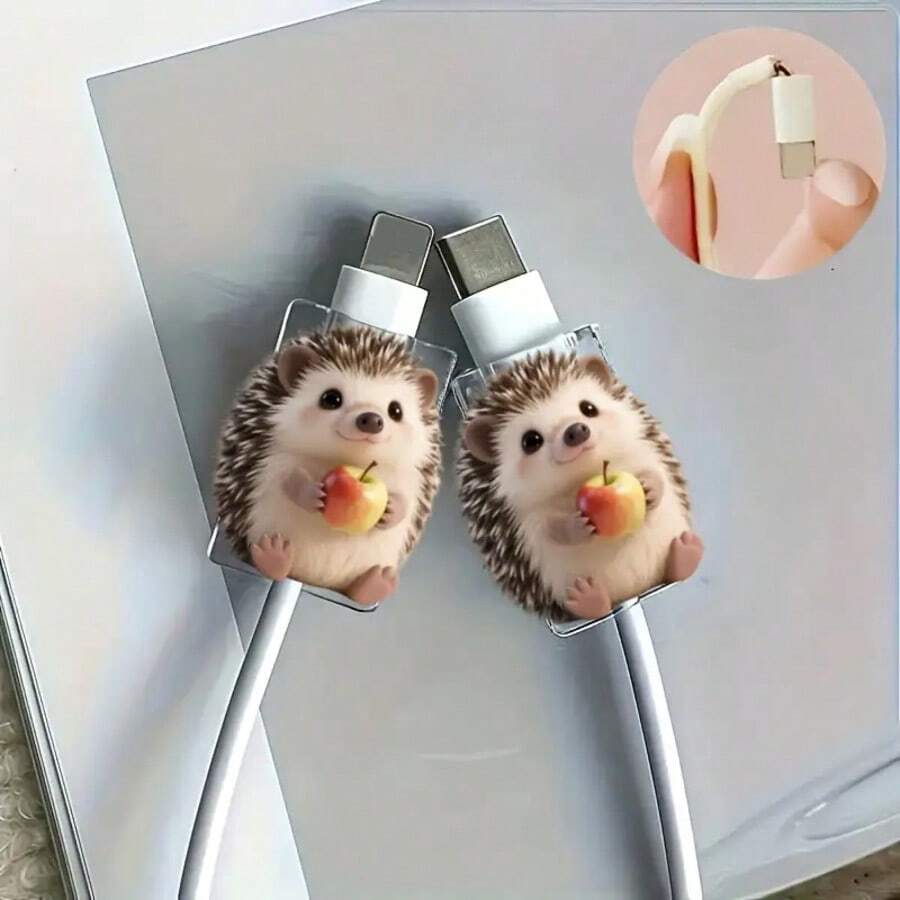 2pcs/Set Cute Hedgehog 2D Acrylic Charging Adapter Cover Protector Compatible With Apple 18-20W Chargers - Clear - View 1