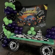 118pcs Monster Truck Theme Purple And Green Black Balloon Garland Arch Kit With Big Wheels Checkered Foil Balloons For Kids Truck Race Car Birthday Jam Party Decorations Monster Truck Party Supplies - Multicolor - View 5