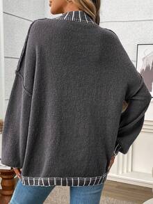 Plus Size Casual Crew Neck Striped Contrast Color Knit Pullover Sweater - Grey - View 2