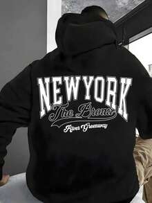 Sudadera con capucha con cordón y estampado de letras para hombre, para otoño - Negro - Ver 9