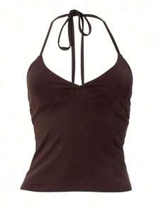 Minimalist Halter Top With V-Neck And Tie At The Neck Summer - Brown - View 10