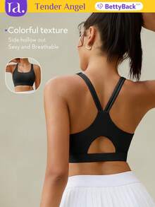 1pc Tender Angel Yoga Camisole Sports Bra, Supportive Racerback Design, Comfortable For Yoga & Fitness, Solid Color - Black - View 1