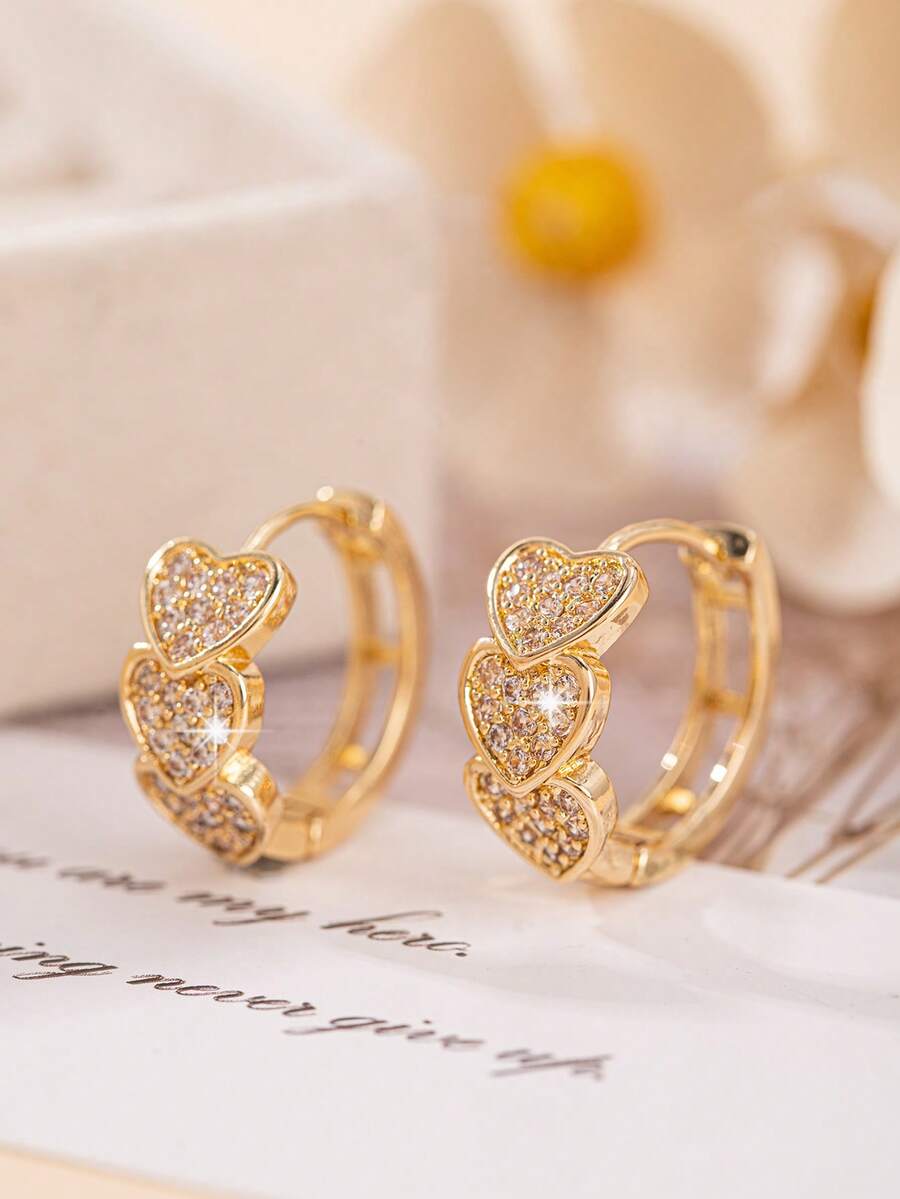 1 Pair Fashion Heart-Shaped Cubic Zirconia Earrings For Women, Suitable For Daily Wear, Also Can Be Given As Gifts To Family And Friends, Christmas And New Year Gifts - Multicolor - View 1