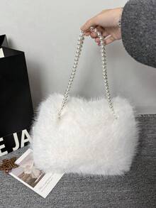 1pc Fluffy One Shoulder Handbag, Crossbody Bag For Women, High-End Pearl Chain Furry Bag, Versatile For Travel, Vacation, Daily Shopping, Great Gift For Mom