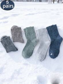 5 Pairs Thick Knit Socks, Unisex Autumn/Winter Warm Casual Mid-Calf Socks, Suitable For Home, Sports - Multicolor - View 2