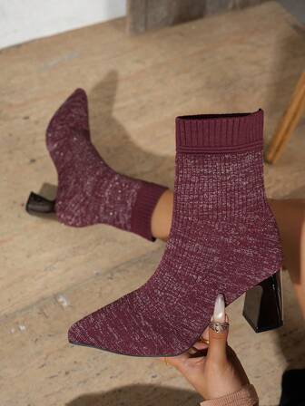 2025 Women's New Thick High Heel Pointed Toe Boots, Elastic Fitted Boots, Suitable For Spring, Autumn, Winter, All Year Round, High Heel Ankle Boots, Style, Black Warm Boots, High Heel Mid-Calf Thick Heel Boots, Comfortable Fashion Pointed Toe High Heel Shoes, Casual Elegant Boots