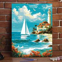 1pc Adult DIY Digital Oil Painting Kit - Sailboat, Seaside Villa And Lighthouse Scenery, Suitable For Beginners, Great For Stress Relief, Paint By Numbers, Handcraft Filling Numbers, No Painting Experience Required - Multicolor - View 1