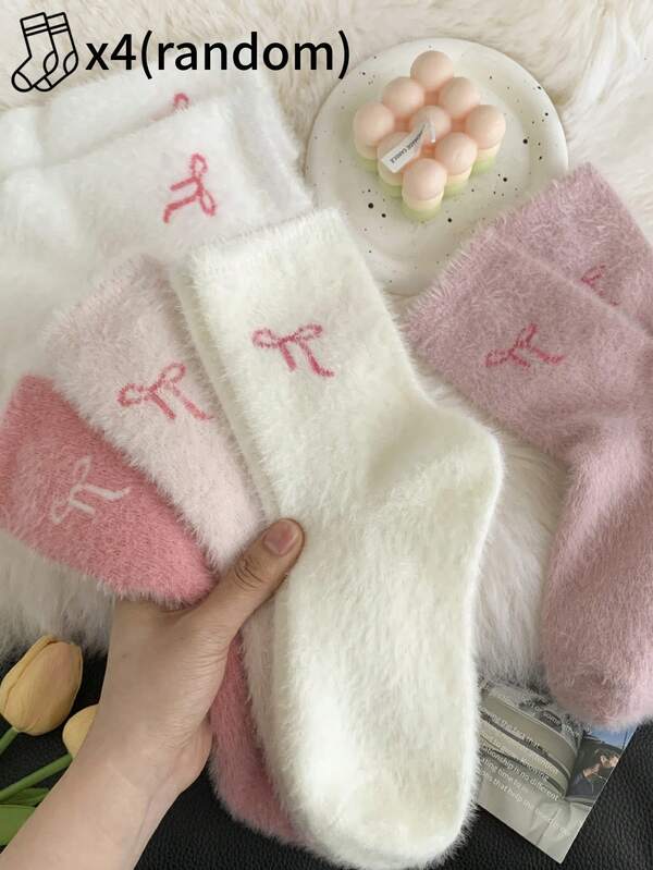1/4 paire de chaussettes bateau en molleton doux avec design nœud papillon pour femmes, couleurs aléatoires blanc et rose, chaudes et confortables pour l'automne/l'hiver