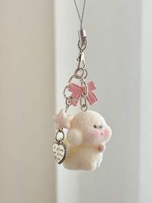 1 件可爱植绒熊手机挂饰和钥匙扣 - 可爱的植绒熊，心形耳朵和蝴蝶结，柔和的粉色和白色，可靠的设计，可装饰在包包、钥匙、背包、汽车钥匙上 - 女孩礼物、日常配饰（无电池/电子产品） - 多功能，可装包包和钥匙，适合女孩生日/周年纪念的迷人礼物 - 彩色 - 查看 4