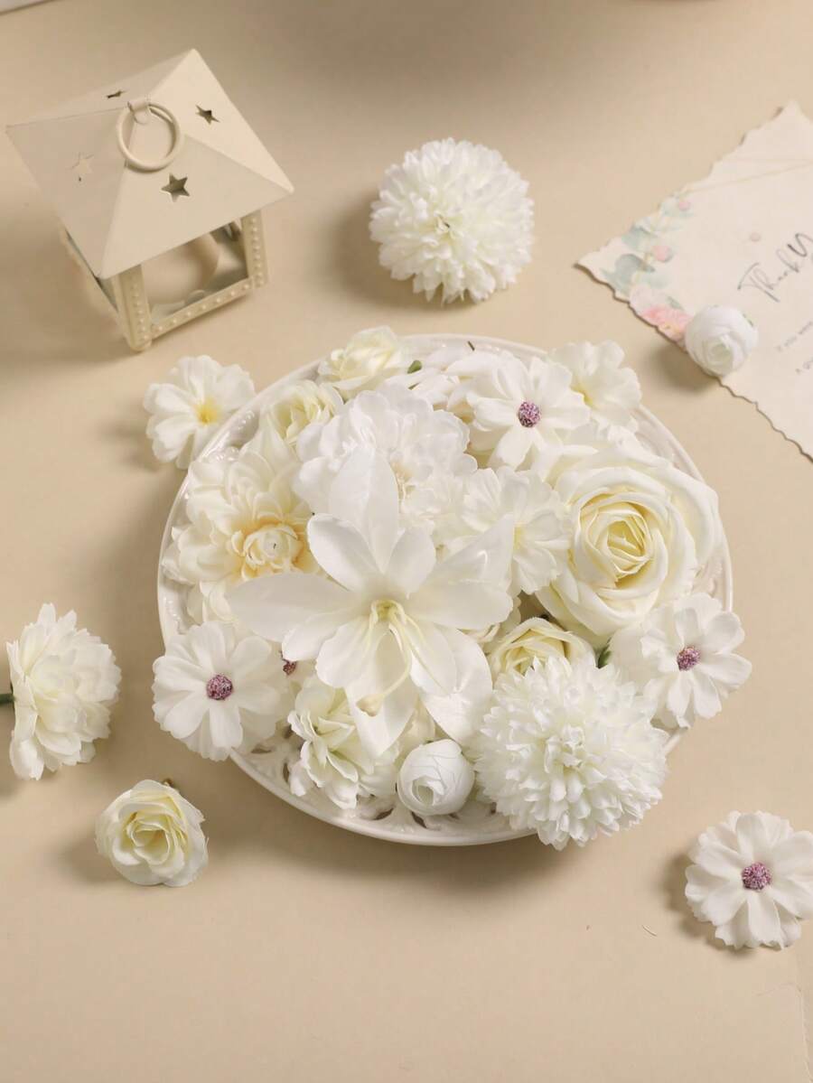 48 Pieces Of Mixed-Color Artificial Imitation Flowers, Including Artificial Roses, Peonies, Daisies, Etc. Suitable For Wedding/House Decoration, Flower Wreaths/Hats, Floral Embellishments, And Center Decorations On Tables. - White Series - View 1