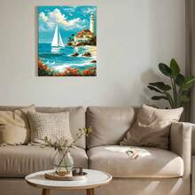 1pc Adult DIY Digital Oil Painting Kit - Sailboat, Seaside Villa And Lighthouse Scenery, Suitable For Beginners, Great For Stress Relief, Paint By Numbers, Handcraft Filling Numbers, No Painting Experience Required - Multicolor - View 5