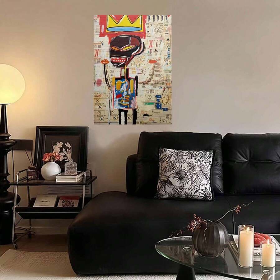Framed 1pc Jean-Michel Basquiat-Inspired Framed Wall Art - Square Abstract Signature Style Canvas Poster With Black Frame, Color-Block Beige & Brown Tones - Iconic Basquiat Patterns For Living Room, Bedroom, Office & Gallery Decor (Ready - Framed - View 1