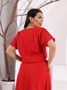 Women's Linen Set Long Skirt + Blouse Sleeve Casual Timeless Elegant - No Belt - 紅色 - 查看 2