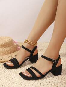 1 Pair Women's Fashionable Strap Chunky Heel Sandals, Solid Color Open Toe, Minimalist Chic, Suede Covered Heel, European And American Style - Woven Black - View 5