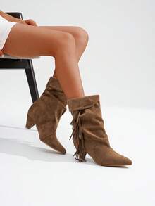 Women's Slouchy Fringe Boots – Gathered Pointed Toe Mid Heel Boho Boots Without Zipper - màu nâu - Xem 1