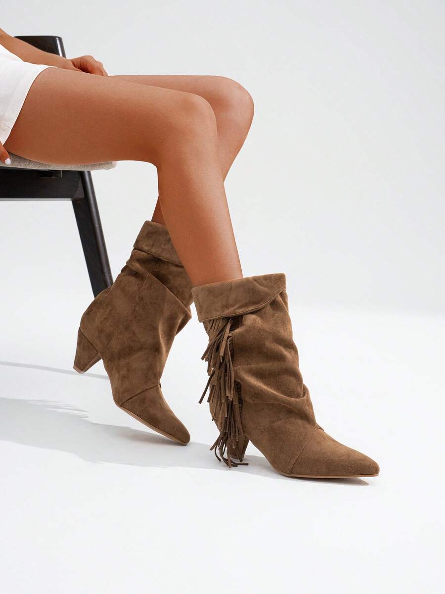 Women's Slouchy Fringe Boots – Gathered Pointed Toe Mid Heel Boho Boots Without Zipper - màu nâu - Xem 1