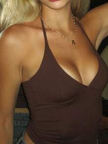 Minimalist Halter Top With V-Neck And Tie At The Neck Summer - Brown - View 8
