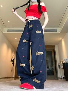 女式高腰宽松直筒牛仔裤，带小狗刺绣 - 深藍色 - 查看 5