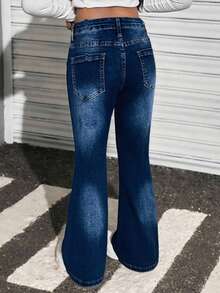 Tween Girl's Elegant Dark Wash Flare Leg Jeans, Classic High Stretch Waistband Adjustable Skinny Fit Mid-Rise Flared Denim Pants, Versatile For All Seasons - Dark Wash - View 5