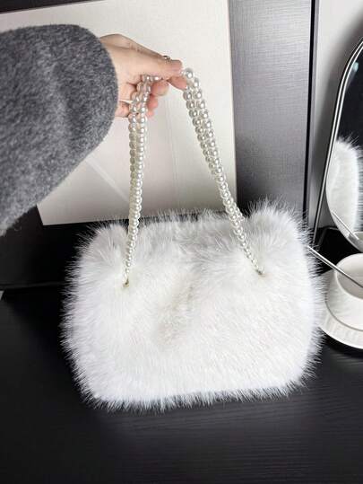 1pc Fluffy One Shoulder Handbag, Crossbody Bag For Women, High-End Pearl Chain Furry Bag, Versatile For Travel, Vacation, Daily Shopping, Great Gift For Mom