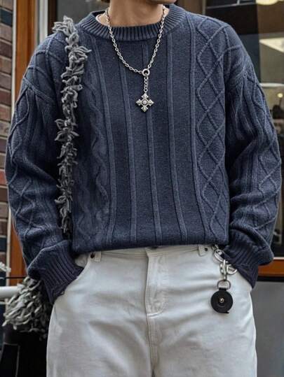 Men's Casual Striped, Plaid, Textured Crew Neck Long Sleeve Knit Pullover Sweater, Versatile For Spring, Autumn, Winter