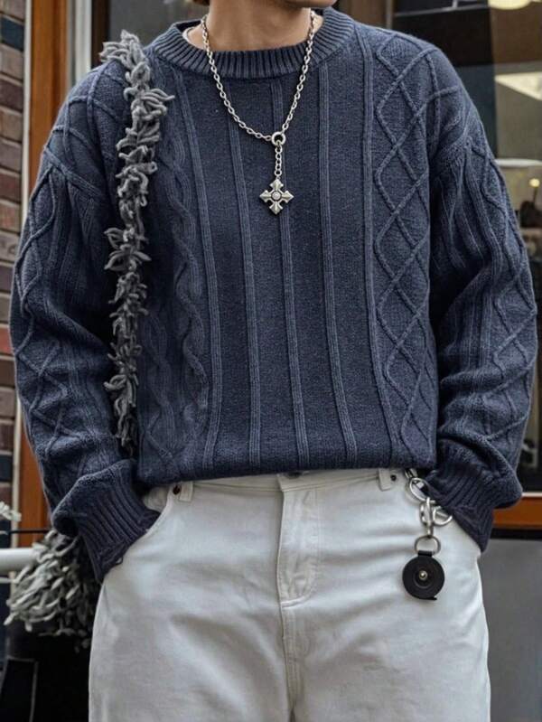 Men's Casual Striped, Plaid, Textured Crew Neck Long Sleeve Knit Pullover Sweater, Versatile For Spring, Autumn, Winter