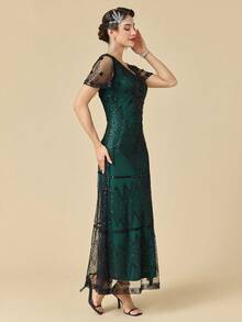 Women's Flapper Dress 1920s V-Neck Evening Gown Sequin Beaded Long Dress For Wedding