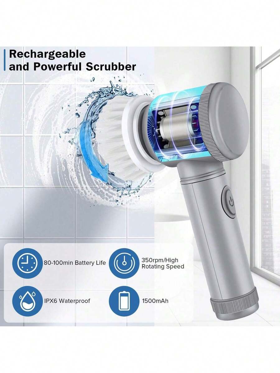 双色懒人电动清洁刷，USB充电，多刷头设计，适用于厨房、水槽、鞋子、卧室、汽车和浴室清洁，去污好帮手，完美的圣诞礼物 - 淺灰色 - 查看 1