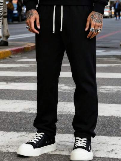 Men's Outdoor Fleece Pants, Solid Color, Warm, Elastic Waist, Loose Straight Leg Trousers