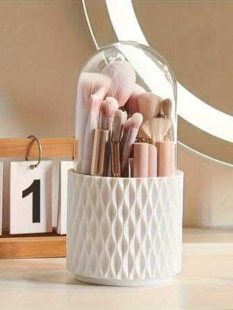 360° Rotating Makeup Brush Organizer - Dustproof & Waterproof With Clear Lid, Polished Finish For Easy Access, Perfect Cosmetic Storage Solution