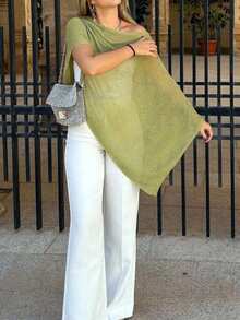 Soulscape Áo choàng poncho xuyên thấu màu xanh ombre dành cho nữ, kiểu dáng bất đối xứng, chất liệu dệt kim, cỡ nhỏ. - màu xanh lá - Xem 8