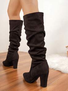 弹力针织尖头高跟高筒靴，新款秋季高跟度假风女靴，褶皱设计，拉长腿部线条，音乐节靴子，百搭切尔西靴，舒适的布质靴子 - 咖啡棕 - 查看 6