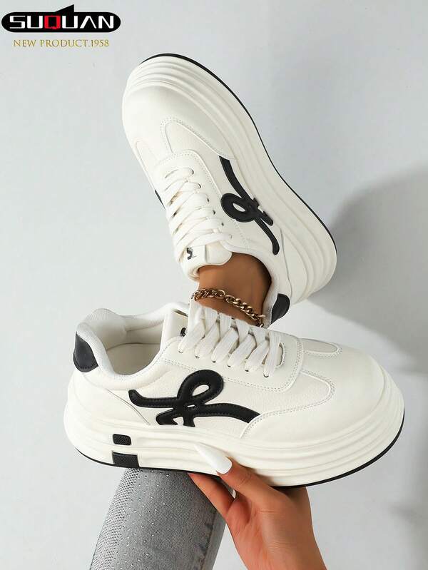 1 Pair Women's White Sneakers, Fashion Casual Lace-Up Flat Shoes, Versatile For School, Student, Spring/Autumn, Comfortable Outdoor Skateboard, Running Shoes, Suitable For Gym