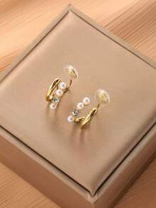 1 Pair Fashion Faux Pearl & Rhinestone Double Row Clip-On Earrings, Elegant Personalized Mosquito Coil Clip Earrings For Women, Suitable For Daily Wear And Holiday Gifts - Ear Clip - View 7