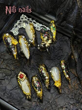 Express Your Love With 10pcs Charming Handmade Winter Nails Stiletto Black Silver Cat Eye EuropeanStyle Full Cover Acrylic Fake Nails SetElegant Shiny Silver Metal Drawing Geometric Patterns With 3D Stars&Bow&Flowers Full Coverage Acrylic Press On Nails Winter Kit For Women And Girls Party Use S&1Pc Mini NailFile&1 Sheet Adhesive Tabs NailSupplies Nails