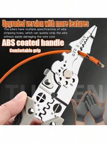 1pc 21.59cm Industrial Grade Electrician Pliers Set Including Anti-Cut Work Gloves, Multi-Function Cable Stripper, Stainless Steel Wire Cutter & Stripper For Wiring, Cutting, Stripping, Crimping, Gripping, Twisting, Prying, Metal Structure