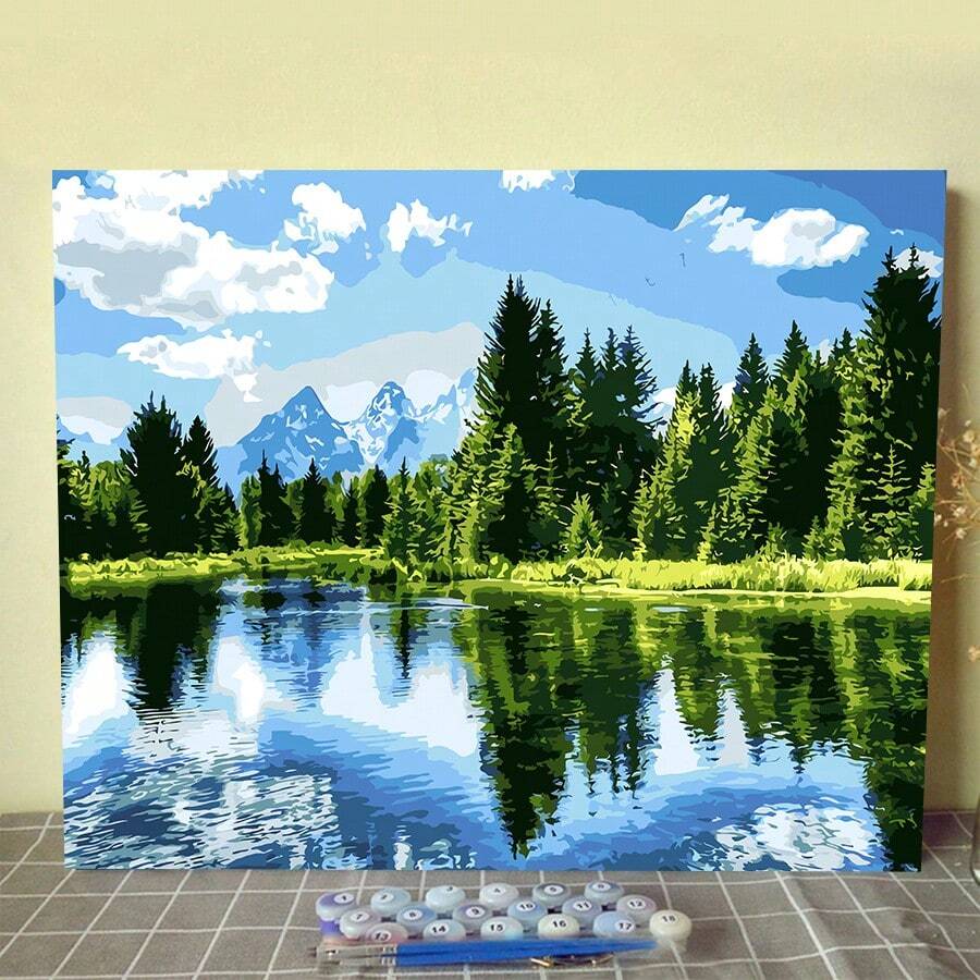1pc Adult Digital Oil Painting Landscape, Mountain Lake Scenery DIY Oil Painting Kit, Minimalist & Elegant, Simple & Fun Adult Digital Oil Painting Holiday Gift, Homemade Oil Painting, Home Wall Decor - Multicolor - View 1