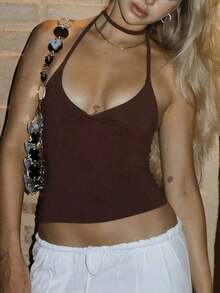 Minimalist Halter Top With V-Neck And Tie At The Neck Summer - Brown - View 7