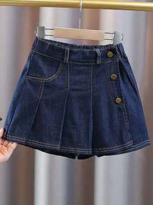 少女百搭褶裥牛仔短裙，夏季 - 藍色 - 查看 1