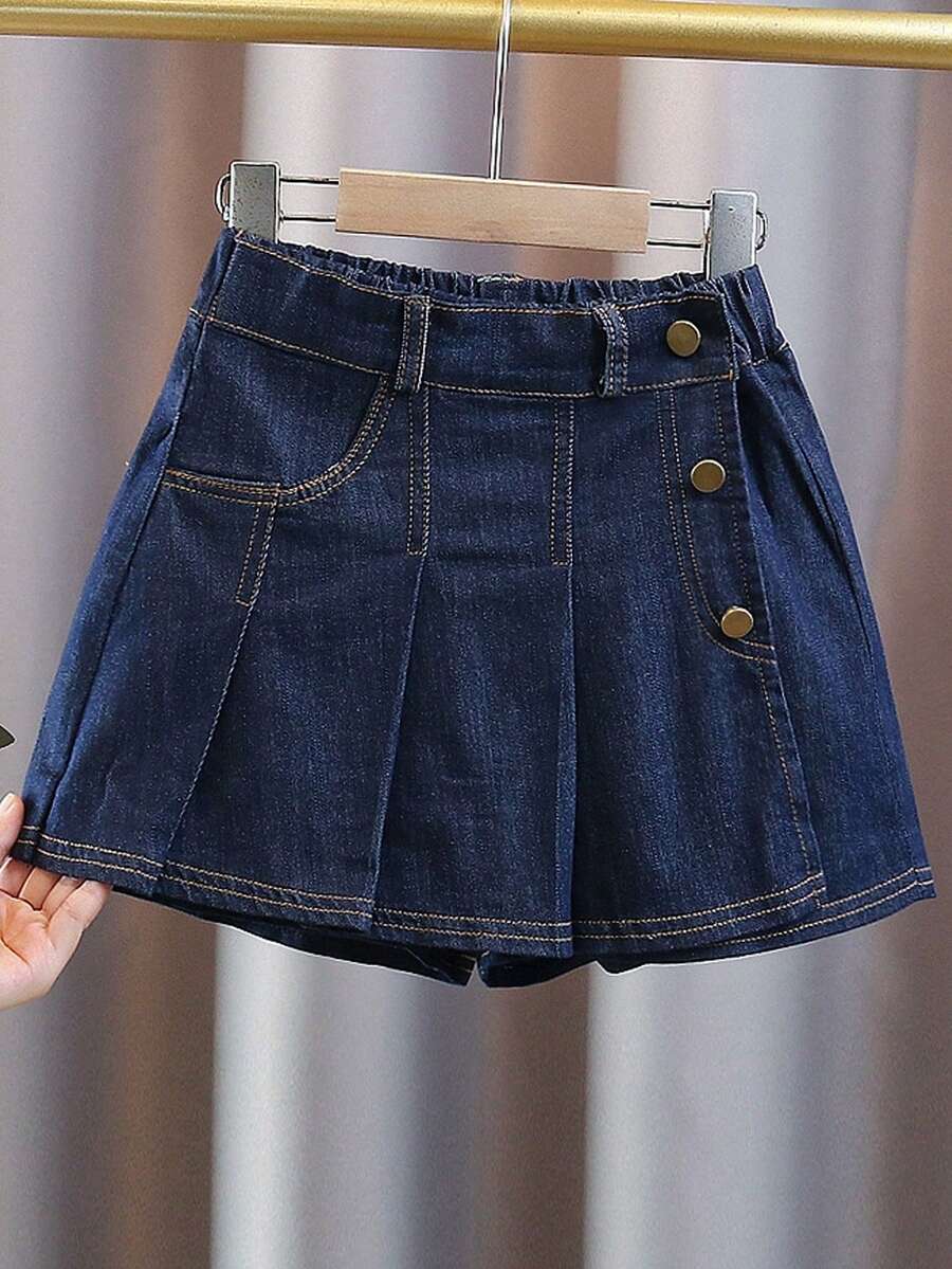 少女百搭褶裥牛仔短裙，夏季 - 藍色 - 查看 1