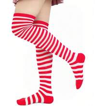 DAZCOS Striped Thigh High Socks Elastic Over The Knee Knit Stockings For Halloween Christmas Daily And Cosplay - Red+White - View 5