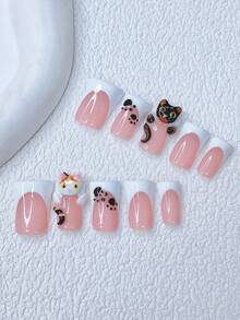 10pcs Y2K Nails Chic Duckbill Press On Nails Set - Handcrafted, White Nails, Pink Nails, White French Tip Nails, Handmade 3D Kitten, 3D White Kitten And 3D Black Kitten Nails Art, Hand Drawn Black Kitten Footprint Design, Delicate Cute Nails - Suitable For Women And Girls, Party, Wedding, Daily Wear, DlY Nail Art, Nail Set, Includes Tool Kit. Duck Nails. Handmade Acrylic Press On Nails. Goth Nails. Short Nails. Fake Nails. Nail Supplie - Nhiều màu - Xem 12