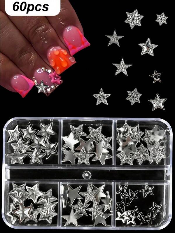 60 pezzi/scatola Adesivi per unghie in stile Y2K con stelle metalliche, set in scatola con decorazioni in metallo 3D di alta qualità, stelle a cinque punte e borchie in stile giapponese semplice, toppe per unghie a rilievo tridimensionale, accessori per decorazione unghie fai-da-te con texture in metallo lega, decorazioni per unghie con strass, accessori per unghie