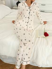 Women's Casual Sleepwear Lounge Set, Lapel Ribbedd Bow Print Long Sleeve Top And Pants, Cozy & Sweet Home Outfit, Spring/Autumn, Winter Clothes - Multicolor - View 6