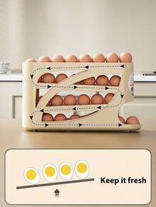 1/2 件 4 层滚动鸡蛋架 - 节省空间的侧门设计，最多可容纳 30 个鸡蛋，表面光滑，手柄方便，适用于厨房和冰箱储存 | 现代厨房配件 | 耐用的塑料材质。[注意：请参考第二个产品尺寸图以了解放置鸡蛋的正确方法，因为这样可以让鸡蛋有序地滚下来。]