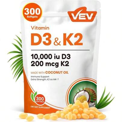 VEV Vitamin D3 K2 10000 IU, 300 Virgin Coconut Oil Softgels, 2 In 1 Vitamins Supplement D & K, Dietary Supplemental Pack, Free Shipping, Daily Health Care, For Women, Quick Ship