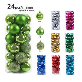24 克拉，1.18 英寸/1.57 英寸/2.36 英寸圣诞球装饰，牢不可破的圣诞树悬挂球装饰，完美的节日婚礼圣诞装饰，金色和银色帽，随机发货