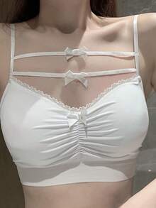 素色蕾絲邊褶邊條帶吊帶上衣 - 白色 - 查看 3